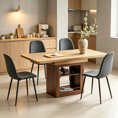 Ensemble de salle à manger extensible peu encombrant, table en bois et chaises en lin, luxe contemporain léger, restaurant maison, rangement intégré