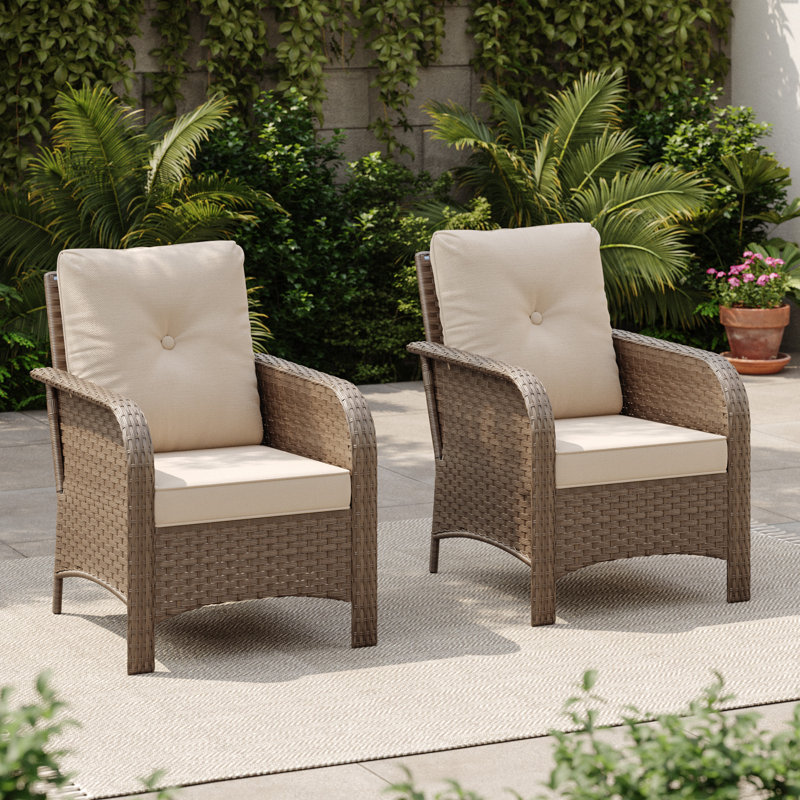 Deux chaises simples d'extérieur en rotin tissé, Kaki
