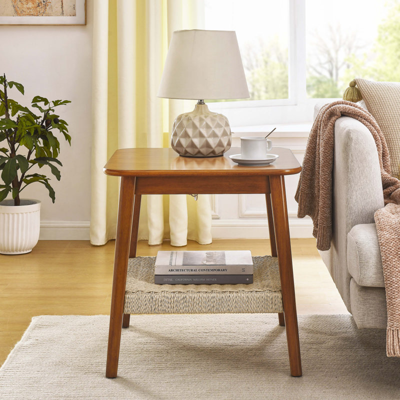 Side Table with Woven Shelf, Boho Side Table with Storage