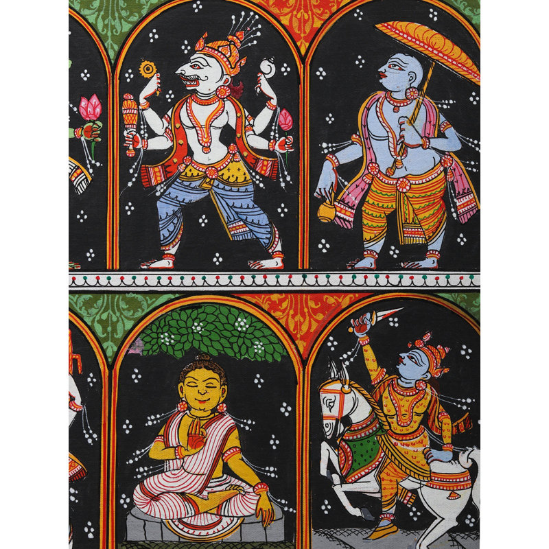 Dashavatara - Dix incarnations de Vishnu | Peinture de Pattachitra | Aquarelle sur toile faite à la main