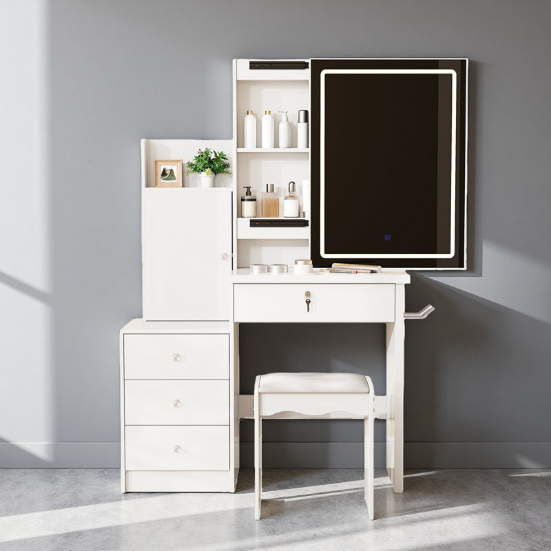 Vanity Desk Set With Sliding Lighted Mirror, Makeup Dressing Table With 4 Drawers & 9 Storage Spaces, Hidden Compartments And Cushioned Stool,Beauty Furniture For Bedroom