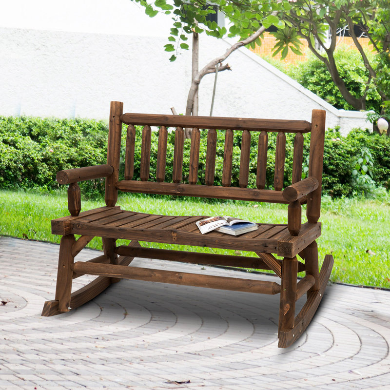 2-Person Wood Rocking Chair With Log Design, Heavy Duty Loveseat With Wide Curved Seats For Patio, Backyard, Garden, Brown