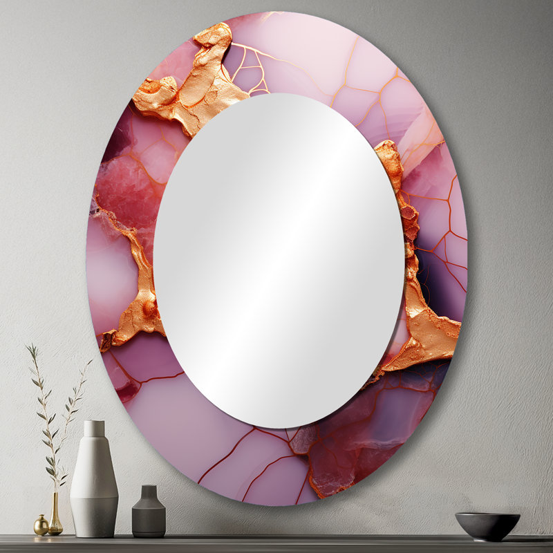 Pink And Gold Marble Essence V - Pink Oval Wall Mirror Decor, 43" x 33"
