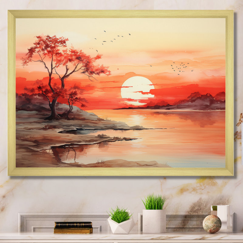 Reproduction d'art mural «Peach Brown Sunrise Splendor», Cadre photo doré simple, H 34 po x l 44 po x P 1,5 po