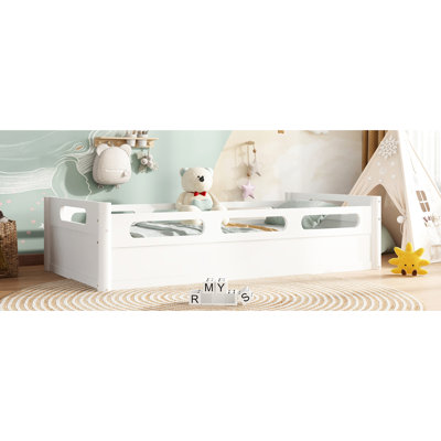 Cadre de lit simple à profil bas avec garde-corps, bois de pin et contreplaqué, facile à monter et à monter, plancher moderne au look intégré - sommeil tranquille, mélange contemporain
