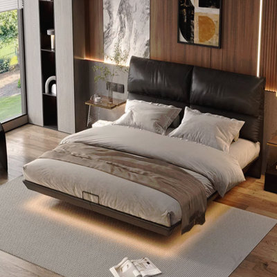 Contemporary Floating Platform Bed with LED Ambient Lighting and Upholstered Headboard