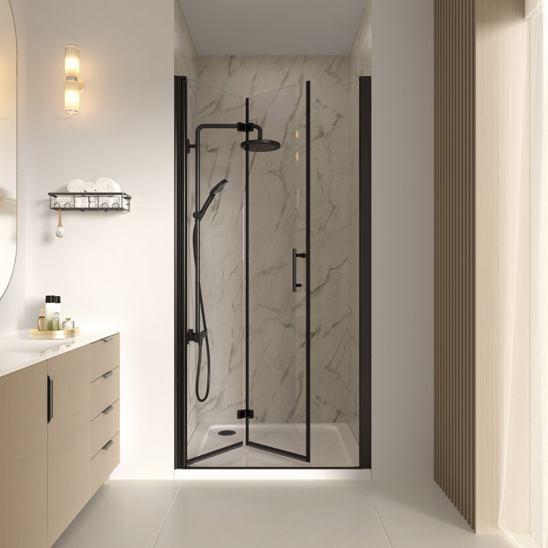36-37 3/8" W x 72'' H Frameless Bifold Shower Door With 1/4" (6mm) Clear SGCC Tempered Glass, Pivot Swing Shower Glass Door in Matte Black Finish