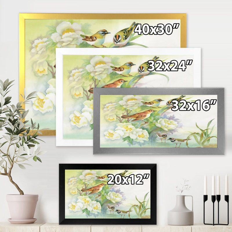 Fleurs et oiseaux dans un paysage rustique - Peinture sur toile encadrée, H 12 po x l 20 po x p 1 po, Encadrement argenté