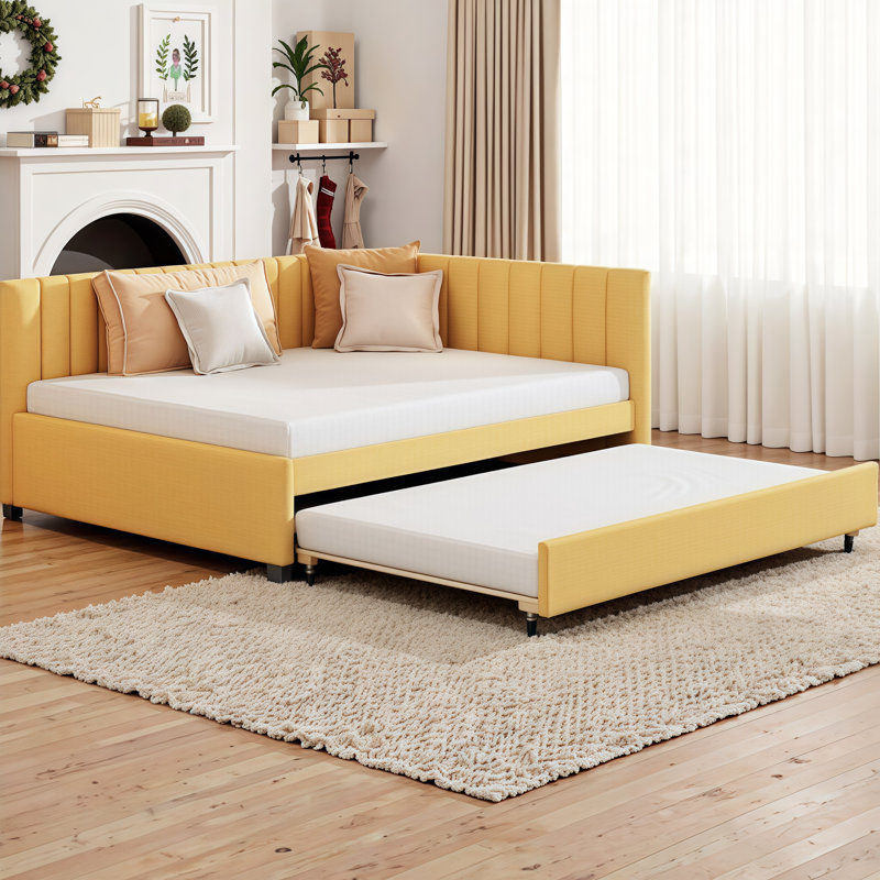 Space Saving Full Upholstered Daybed with Twin Trundle - No Box Spring Needed, Sturdy Wood Frame & Linen Fabric, Yellow
