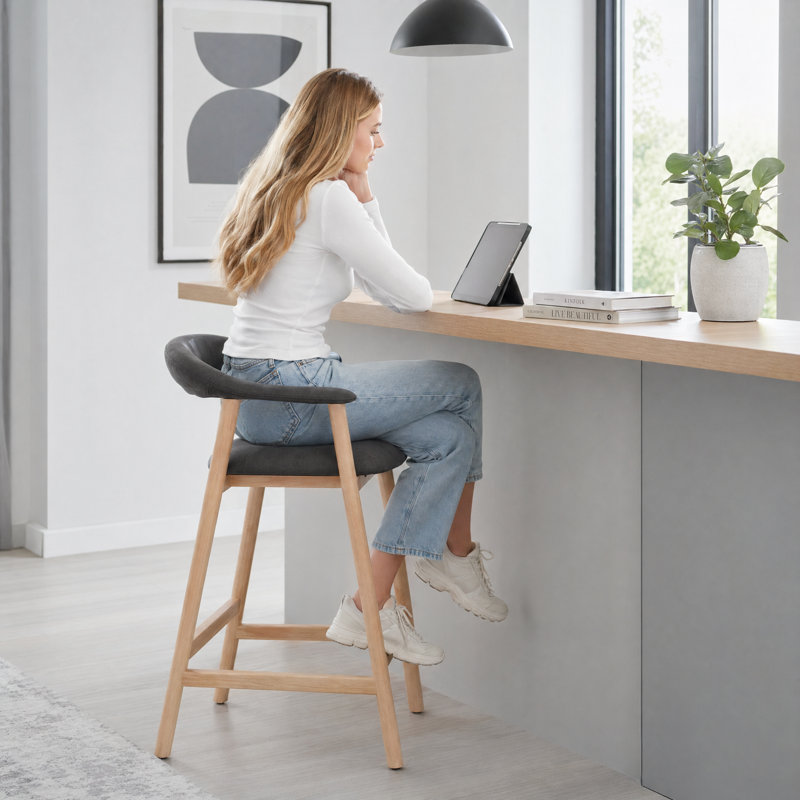 Contemporary Upholstered Bar Stool With Wood Legs And Curved Back, Dark Gray