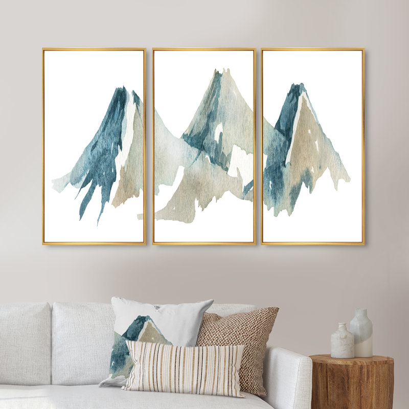 Blue High Mountain Range I - ensemble d'art mural sur toile encadré traditionnel de 3, H 32 po x l 48 po x P 1 po, Or