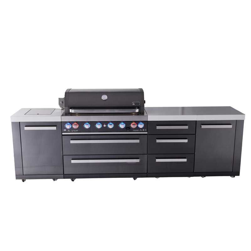 Mont Alpi Mai805-bssdr 6-burner 119" Premium Black Stainless Steel Outdoor Kitchen Island Gas Grill + Infrared Side & Rear Burners + Storage Drawers & Cabinets + Granite Countertops + Rotisserie Kit