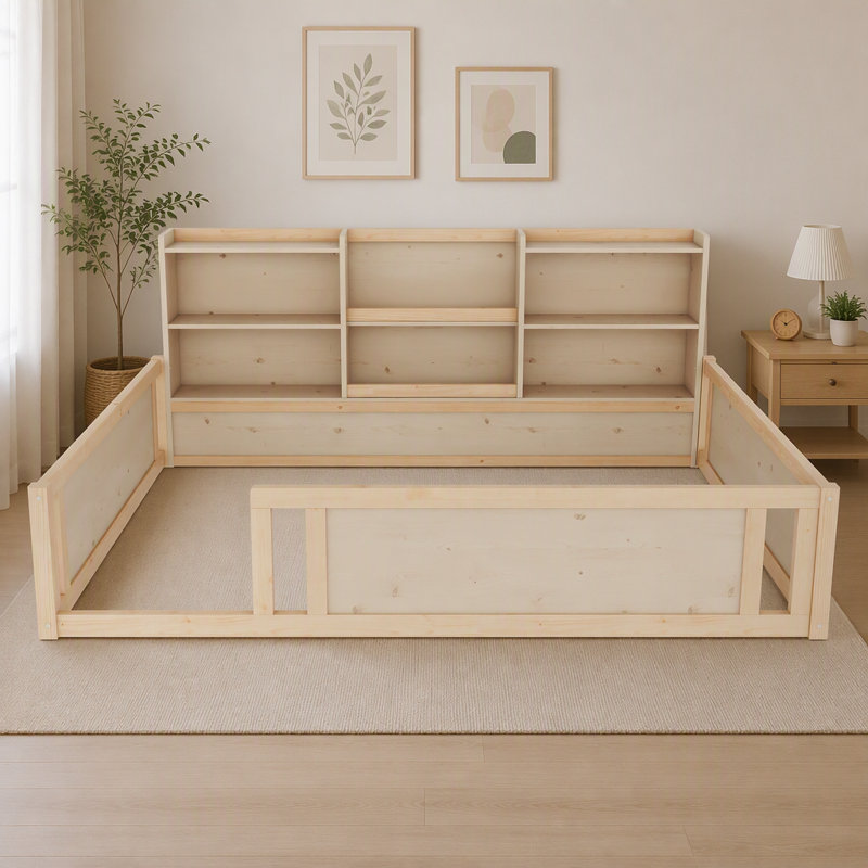 Lit plateforme en bois avec barrière de sécurité et tablettes de rangement pratiques, Double, Naturel