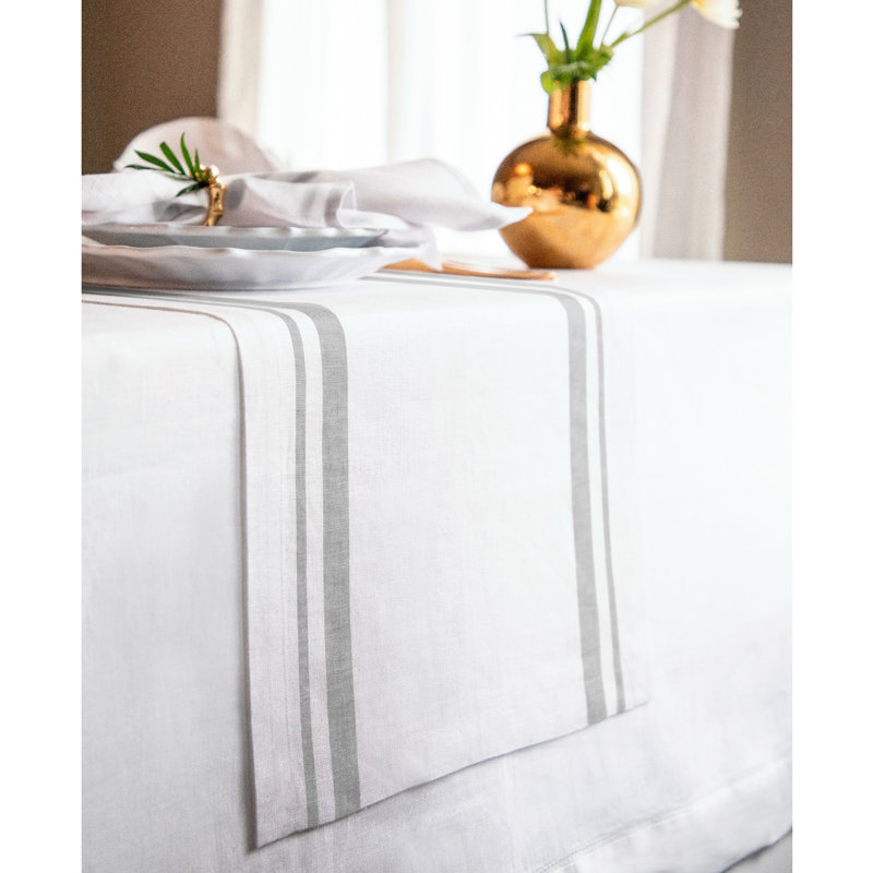 French Stripe - 100% Pure Linen Table Runner, 60" x 14", Black/White