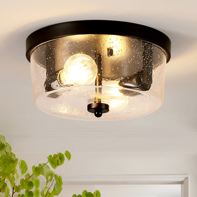 10.6 In. 2-light Black Flush Mount With Seeded Glass Shade