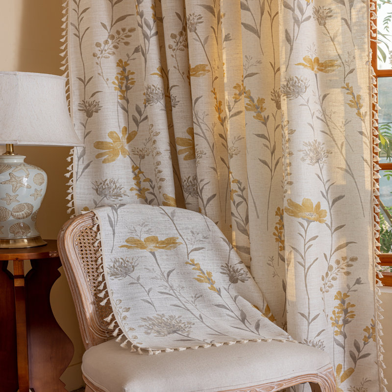 Ensemble de 2 rideaux en polyester à imprimé floral (ensemble de 2), L 52 po x L 84 po, Gris clair chaud