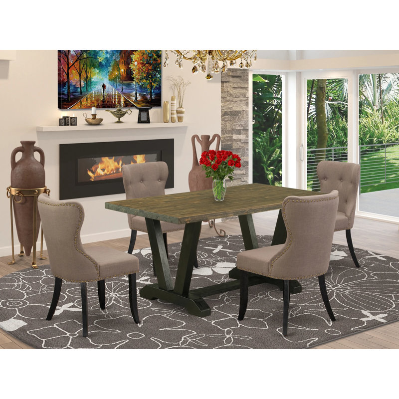 Coffee Linen Fabric 5-Piece Trestle Dining Set