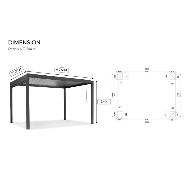 3m x 3m Aluminum Pergola, 240cm H x 400cm W x 360cm D