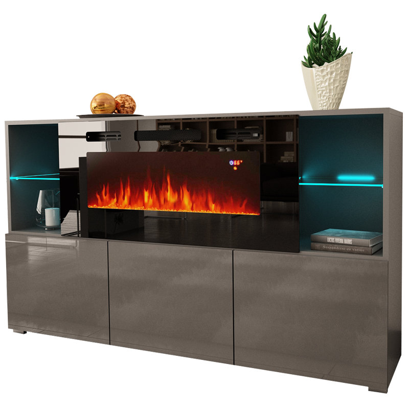 Camberlynn 63" Sideboard with Electric Fireplace, High Gloss Finish, Graphite Gray