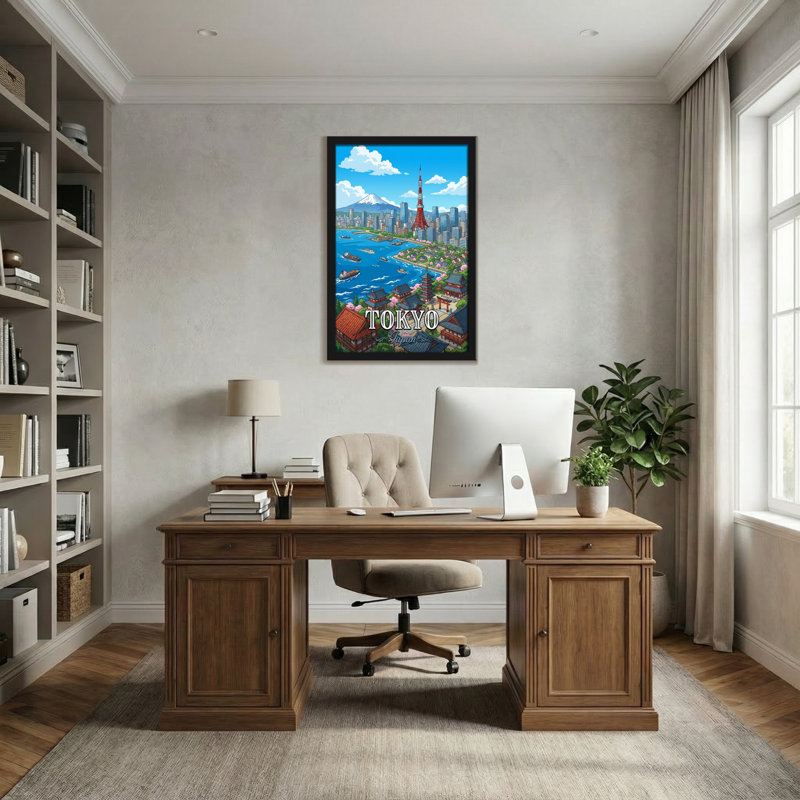 Paysages pittoresques et urbains avec le mont Fuji et les temples traditionnels, H 24 po x l 16 po