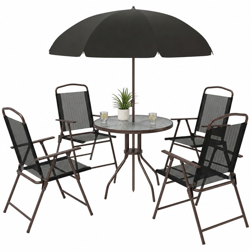 Ensemble de salle à manger d'extérieur 6 pièces pour 4 personnes avec parasol, table ronde en verre trempé de 80 cm et 4 chaises pliantes en maille, acier, noir et café