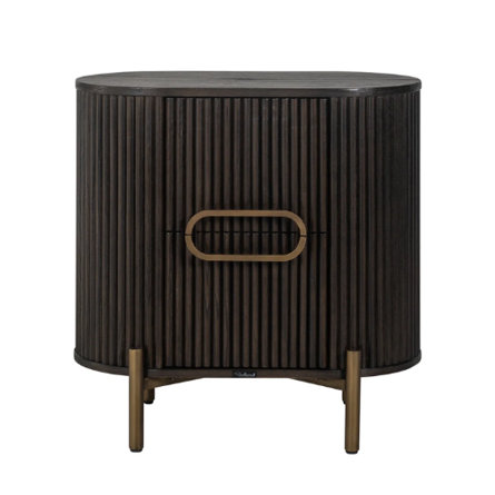 Dark brown nightstand with gold hardware.
