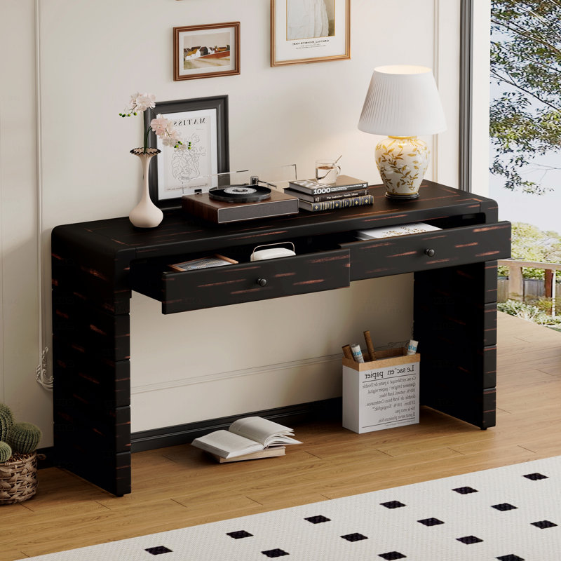 Curved Console Table, With Storage Wooden Entryway Table With 2 Drawers, Farmhouse Rustic For Entryway, Hallway, Living Room (Distressed Black)