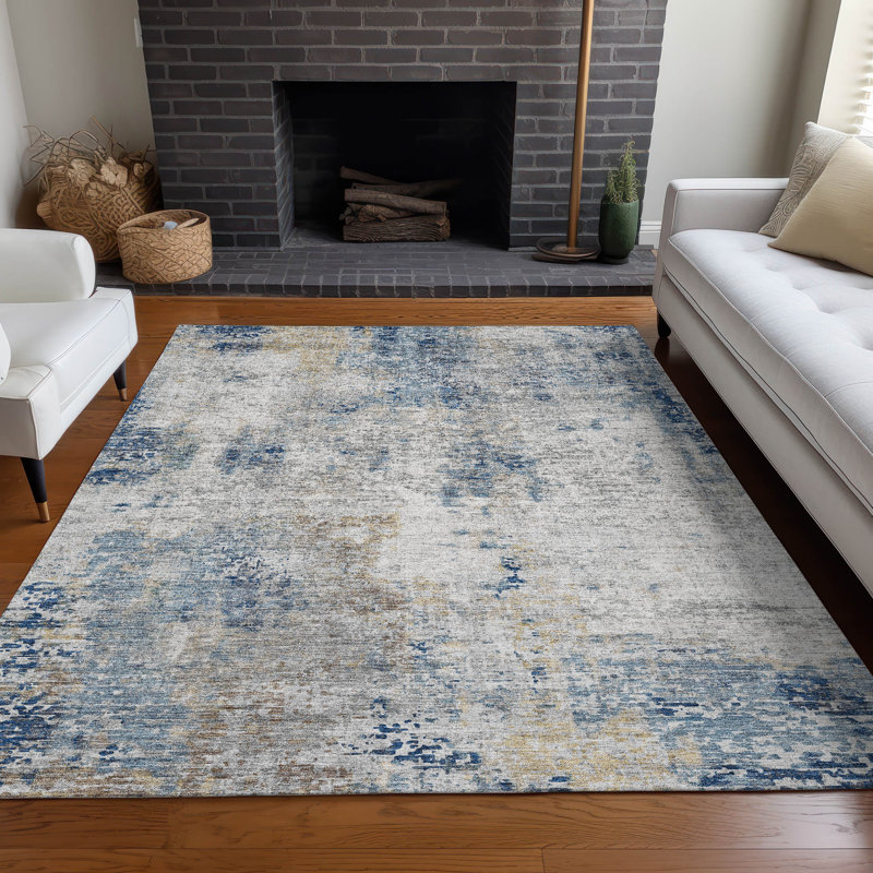 Tapis bleu Prisco lavable à la machine de qualité supérieure, Rectangulaire 3 pi x 5 pi