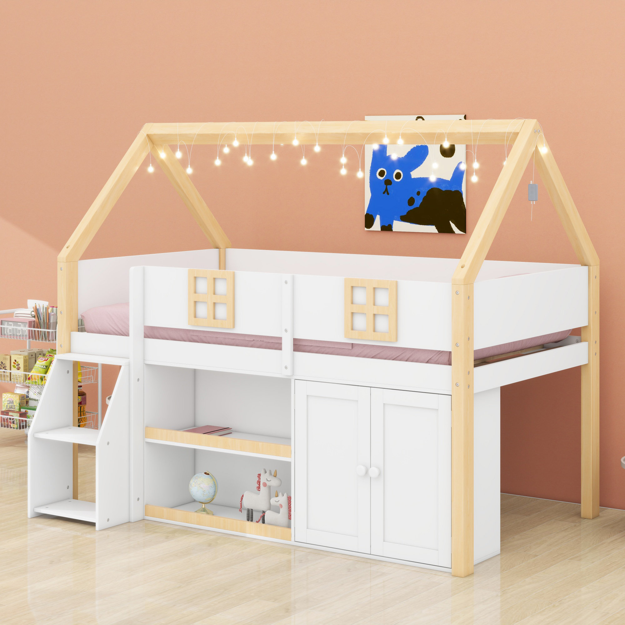 Ebern Designs Sturdy Low Loft Bed with Step Staircase, Storage Cabinets ...