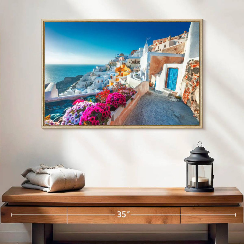Traditional Santorini Houses, 25" X 17", Floating Frame Natural Wood