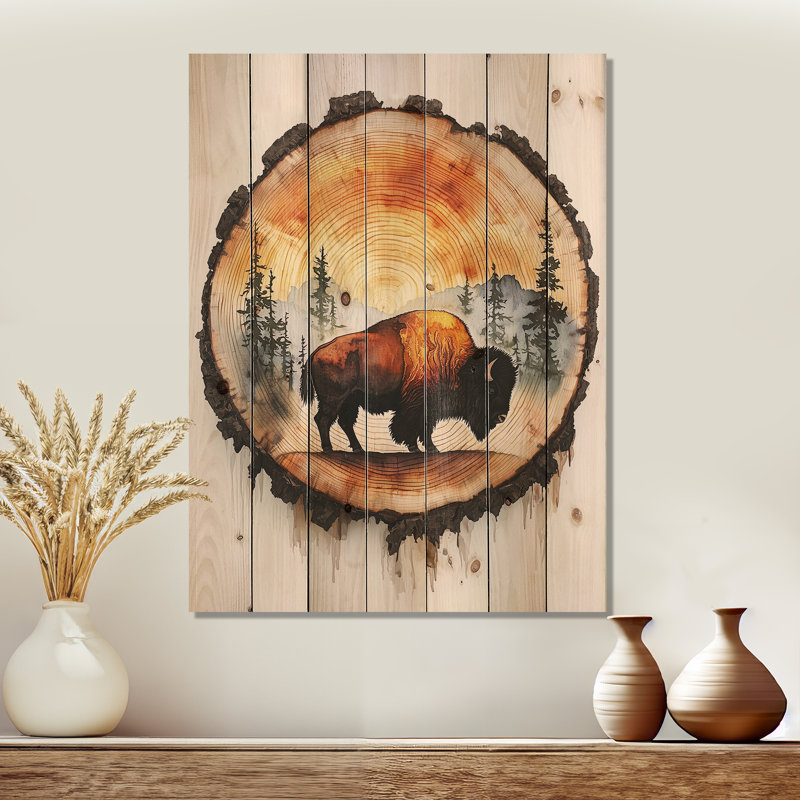 Bison américain «Into The Woods II» - Décoration murale en bois animal Buffalo - sur bois de pin naturel