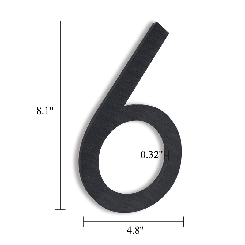 Numéro de maison 8 po en aluminium massif antirouille, flottant ou encastré, Noir brossé, #6