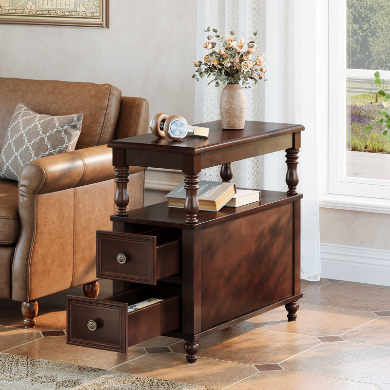 Mid Century Wood 2 Drawers End Table Side Table for Living Room, 1, Dark Brown