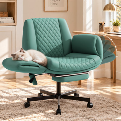 Criss Cross Office Chair with Footrest, Faux Leather Cross-Legged Desk Chair with 5-Position Adjustable Armrests, Airbag Lumbar Support, Wide Seat & Wheels for Home Office Vanity