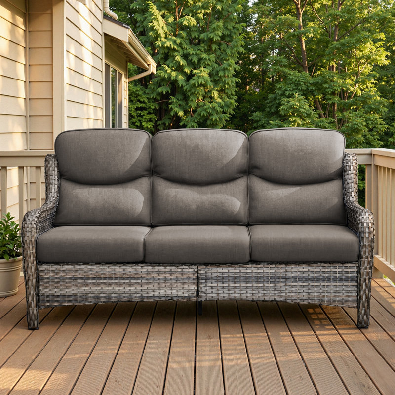71" Outdoor Wicker Rattan Patio Sofa With 5" Thick Cushions, Gray, Gray