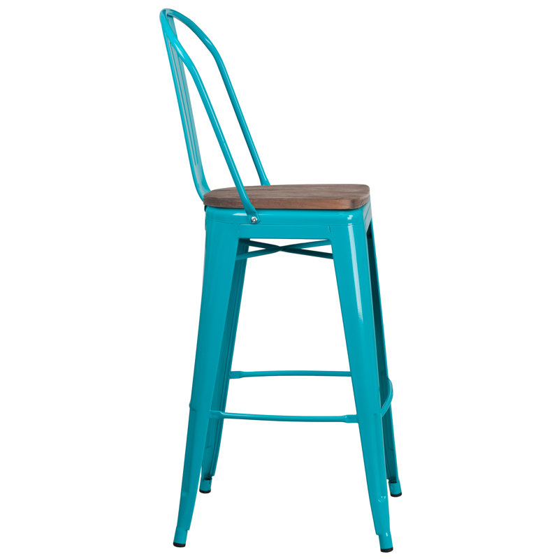 Lynne 4 Pk. 30" High Metal Barstool with Back and Wood Seat, Teal-Blue