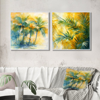«Yellow Green Palm Trees Frond Dance I» - art mural palmiers et palmiers - ensemble d'art mural traditionnel 2 pièces
