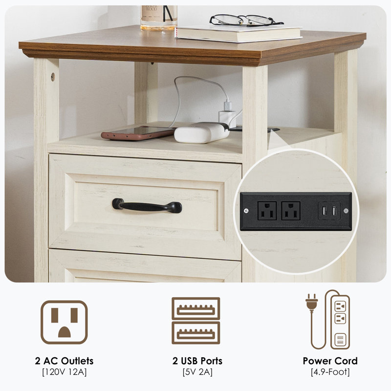 17.7'' W Farmhouse Nightstand With Charging Station