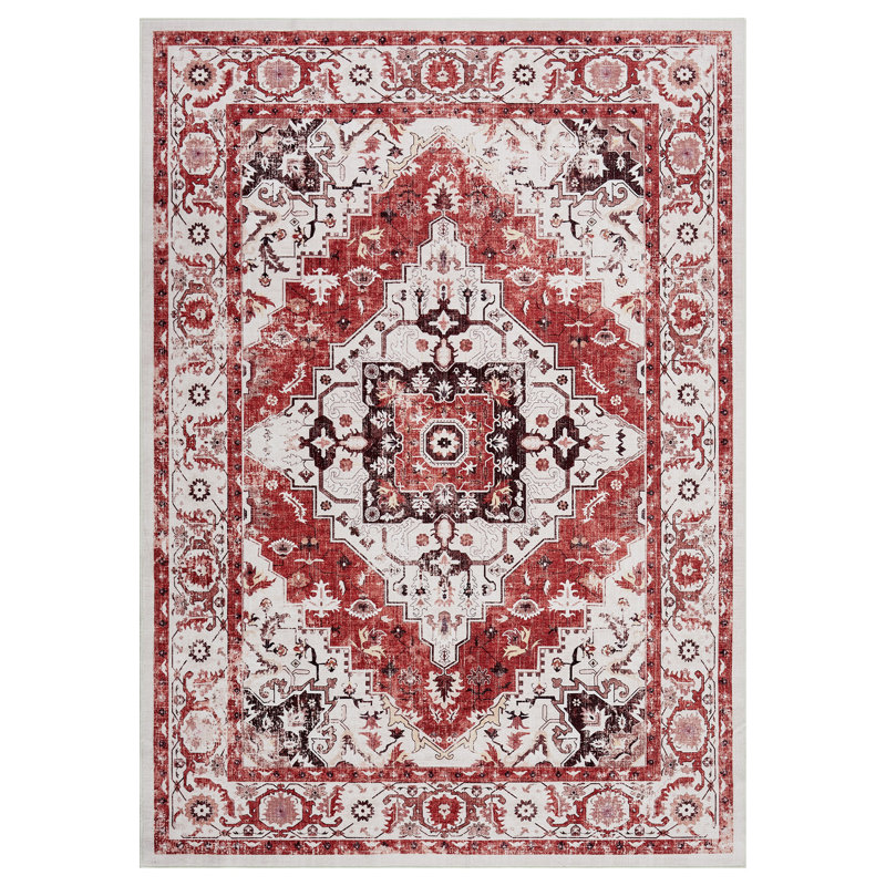 Area Rugs Non-Slip Vintage Boho Area Rug – Machine Washable Mark Resistant Woven Carpet for Living Room Bedroom Office, Red