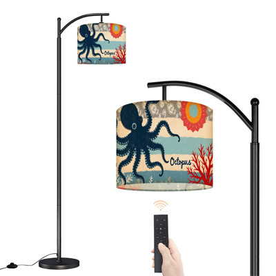 Arc Floor Lamp with Adjustable Lampshade Vintage Beach Ocean Blue Octopus Coral Standing Lamp 3 Color Temperatures Dimmable Tall Pole Lamp with Foot Switch for Bedroom