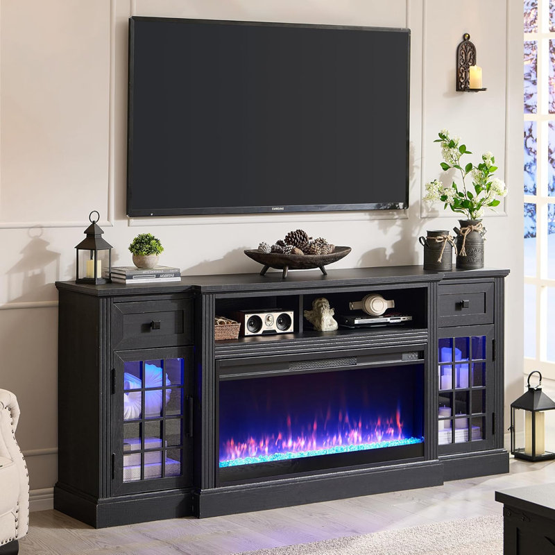 Meuble télé avec foyer Minuterie Aubriella Farmhouse, Noir