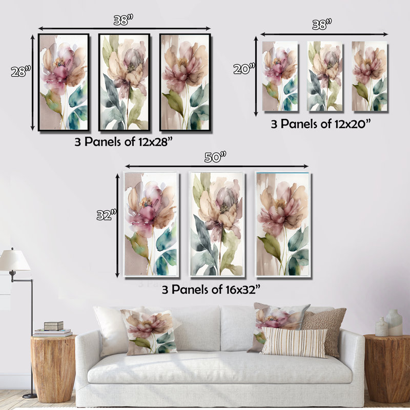 «Pink Watercolor Peony Blossoming», 3 pièces sur toile, Cadre flottant blanc, H 20 po x l 36 po