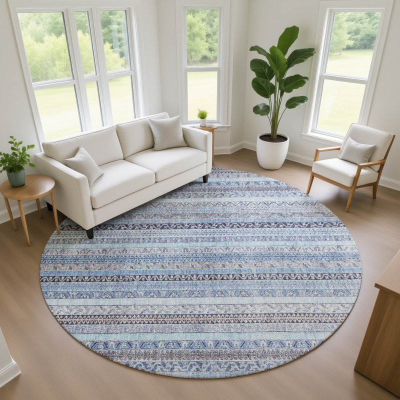 Machine Washable Indoor/Outdoor Chantille ACN2742 Striped Rug, 8' Round, Sky