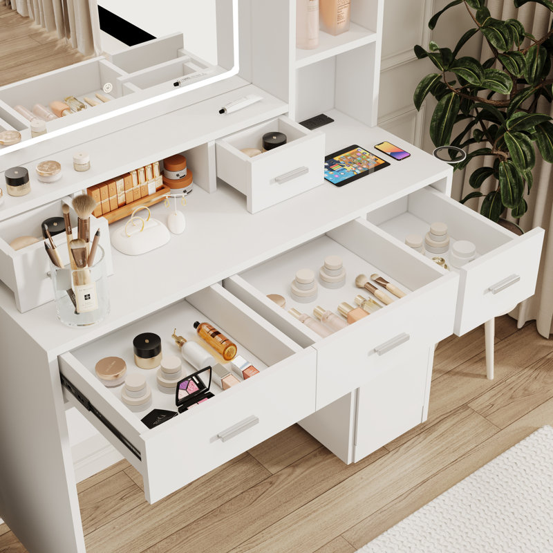 Coiffeuse blanche avec prise de courant, tiroirs et miroir lumineux à DEL réglable