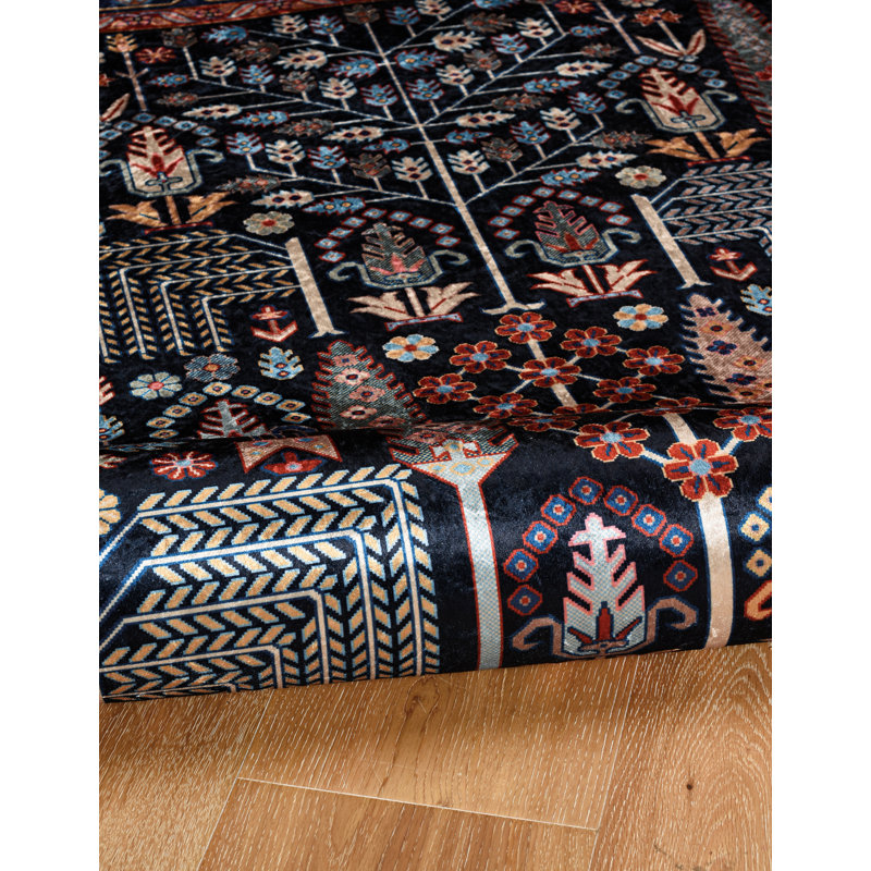 Breedlove Traditional Machine Woven Flatweave Navy and Blue Area Rug with Non Skid Backing, Rectangle 3'3" x 5'