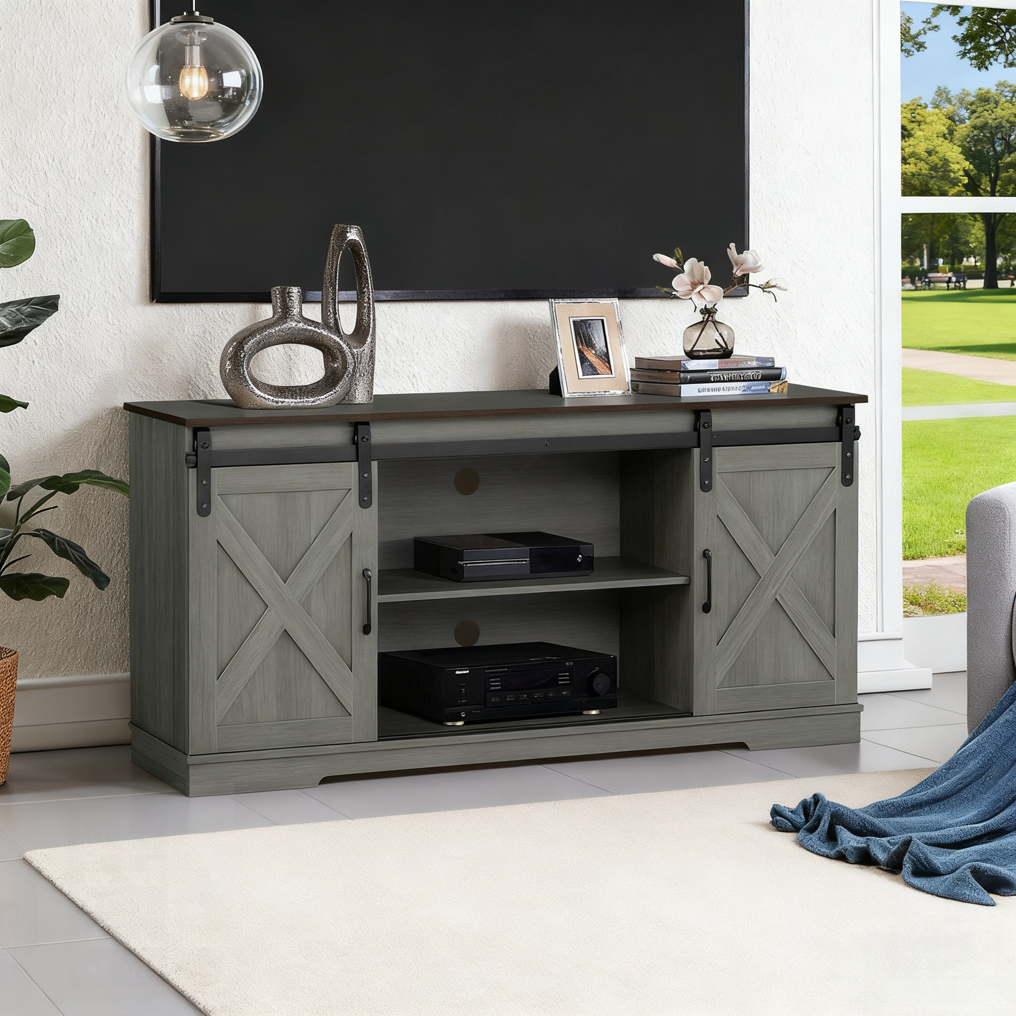 Mercer41 Rustic Farmhouse TV Stand With TwoTone Design, Metal Accents