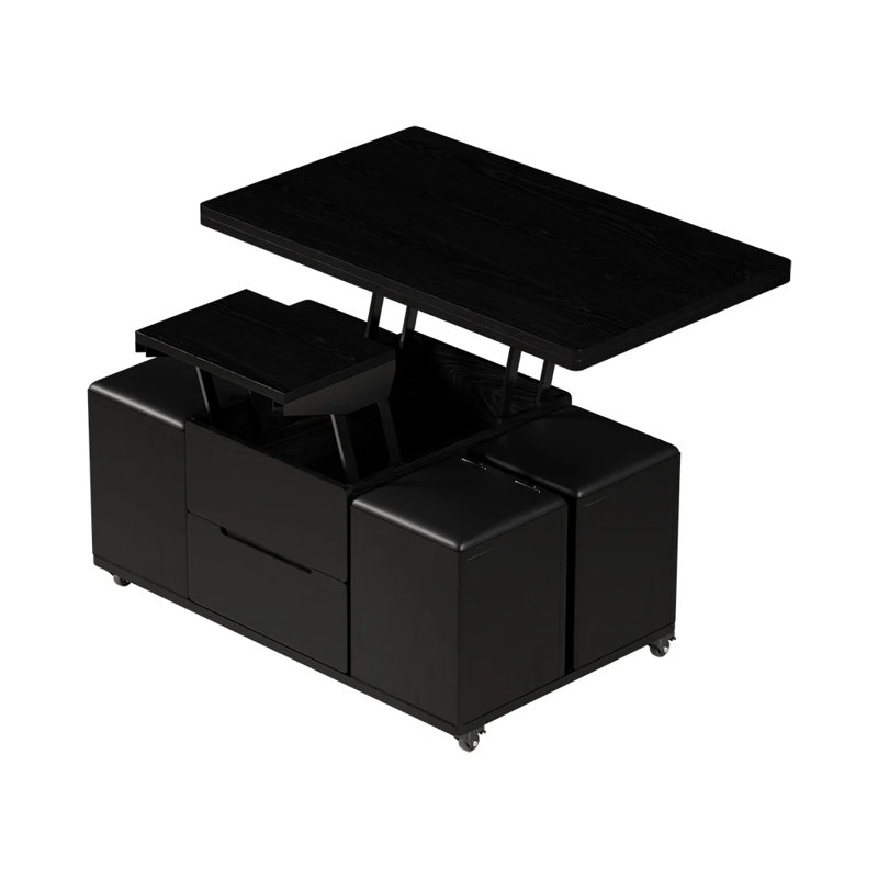 Table basse 39 po avec 4 tabourets et rangement, Noir, Noir