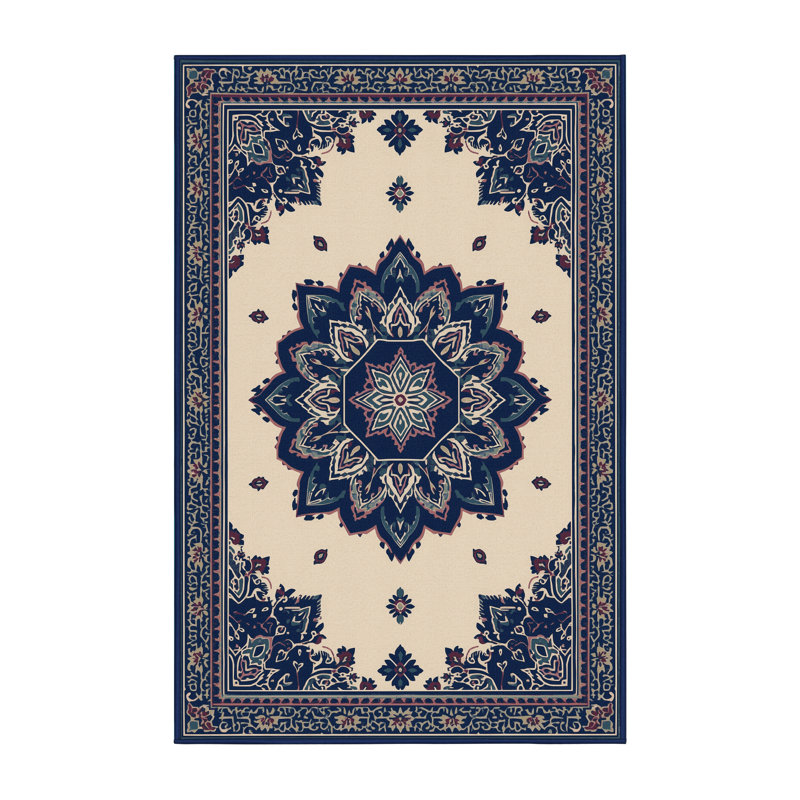 Machine Washable Roslindale Classic Oriental Rug in Gray – Navy Binding, 2x3