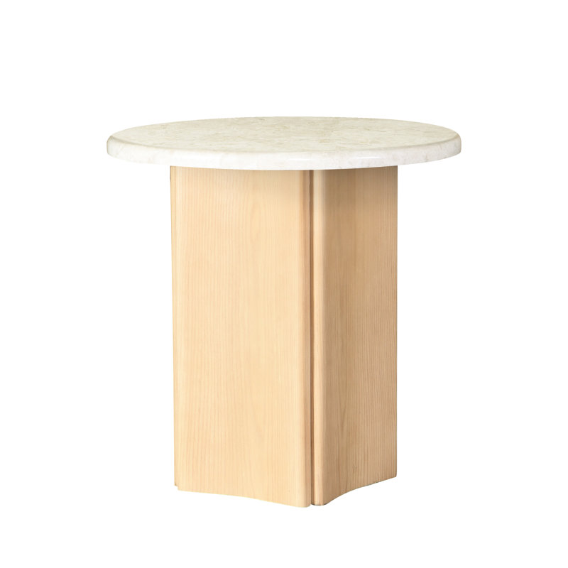Table de bout avec plateau en marbre épais de 32 mm et finition chêne, base courbée en bois, placage de résine, capacité de 40 lb, plateau de 24 pouces de dimensions, limite, en tout