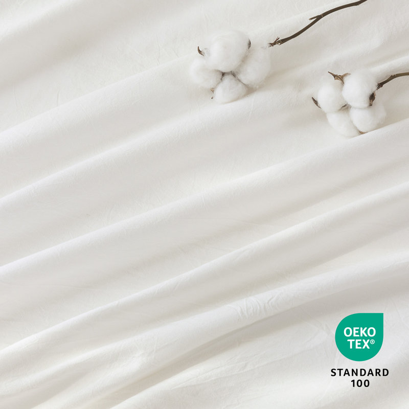 Solayne 100% Washed Cotton Duvet Cover Set with Faux Hemp Texture, Solid Color, Zipper Closure and Corner Ties, Milky White